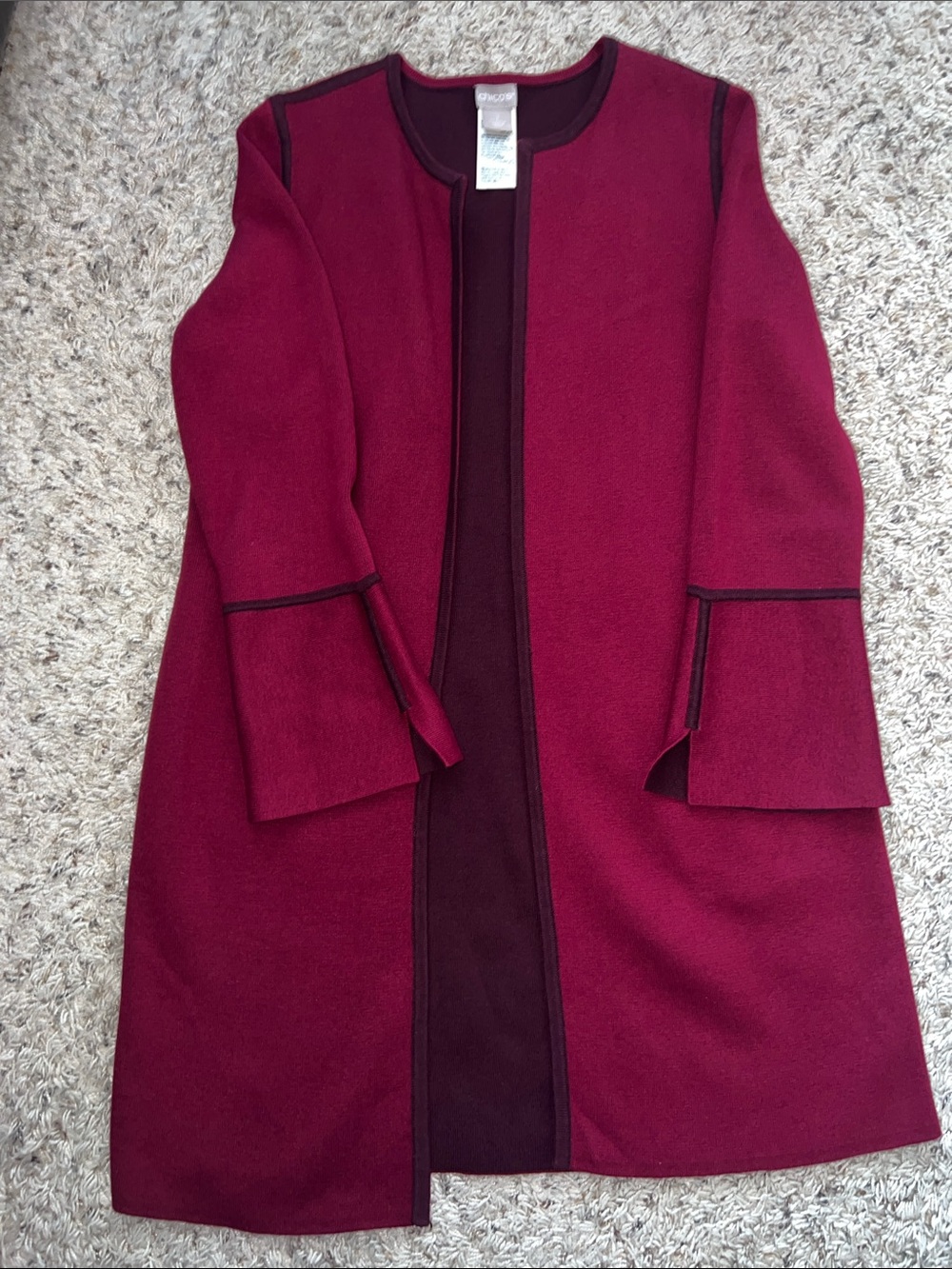 Chico’s burgundy long sweater jacket size 1 (medium)